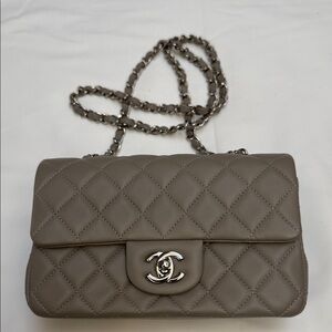 CHANEL Lambskin Quilted Mini Rectangular Flap Dark Grey